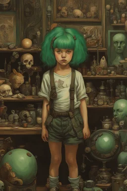 Little girl with green hair in Cyberpunk wunderkammer painted by Caravaggio, unsane details, soft colors, lot of space around the girl with a lot of strange objects