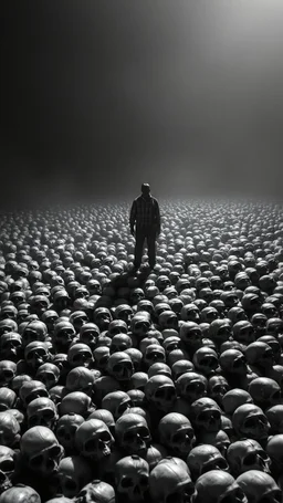 Bosch nightmares paining style Title:a field of small human skulls all colored in black and white, a shadow of man standing in the middle, 8k artistic photography, photorealistic concept art, soft natural volumetric cinematic perfect light, chiaroscuro, award-winning photograph, masterpiece, oil on canvas, Raphael, Caravaggio, Greg Rutkowski, people, beksinski, Giger