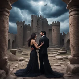 Hyper Realistic photographic-view of an extremely-Handsome-Muscular-Man In Black-tuxedo & beautiful-woman-with-long-black-hair-&-black-gown both-getting-romantic in the middle of an ancient-prehistoric-castle-ruins with wedding-setup & UFOs on cloudy-maroon-sky with thunderstorm giving it a dramatic & cinematic ambiance