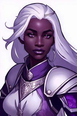 Dungeons and Dragons portrait of the face of a conventionally attractive young adult drow cleric blessed by Eilistraee. She has pale armor and dark purple skin