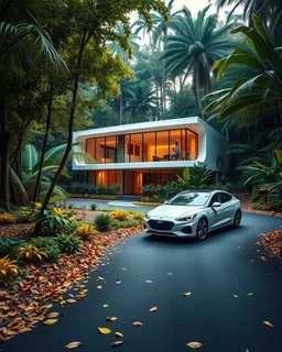 Cozy retreat, futuristic modern house in an tropical forest of vibrant colors. Contemporary design, clean lines and large windows, radiate a feeling of warmth and comfort. A white car parked on the winding road that leads to the house gives a touch of modernity to the rustic surroundings. The path is scattered with leaves. Around the house, mix of green, blue and yellow foliage. 8k