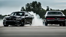 Black BMW and Dodge Charger SRT drifting in the white smoke, rear view, cinematic, luxurious --chaos 80 --ar 16:9 --style raw --stylize 700