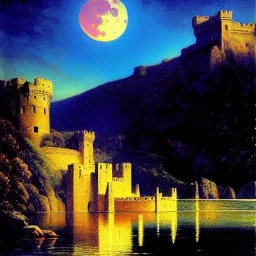 Drawing of 'Medieval Romanian Castle',mountain,lake,full moon, by gaston bussiere, greg rutkowski, yoji shinkawa, yoshitaka amano, tsutomu nihei, donato giancola, tim hildebrandt, oil on canvas, cinematic composition, extreme detail,fit full head inside picture,16k