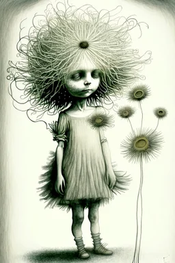 pencil and charcoal sketch of a cute happy little dandelion fairy girl, Mucha inspired emotional nature ephemeral sculptures of Andy Goldsworthy, tiny human form, essence captured as if created by surrealist photographer Noel S Osvald rendered in bright ombre colors, mixed with influences by John Bauer and Tim Burton, faded dark grey background, minimalistic art, with details that reflect advanced rendering techniques that push the drawing's realism even further Modifiers: trending on Artstation