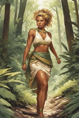 Drawn by Tradd Moore, colored by Heather Marie Lawrence Moore for Lean and muscular, skin tanned nearly bronze greeck girl tracking through the forest and brush. Showing her mini-skirt. Blonde Curly hair in a messy bun and severe look, wearing greek toga .