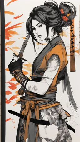 bits of color, furistic Sketch book, hand drawn, dark, gritty, realistic sketch, Rough sketch, mix of bold dark lines and loose lines, bold lines, on paper, samurai girl, leaves, animals, runes, dark theme,