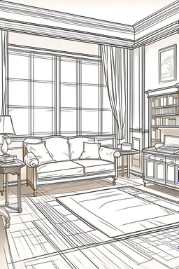 Outline art, simpl House interior design, sofa chair, cartoon style, thick lines, low details, --ar 9:11