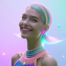 A portrait of a crystalised girl,smiling, laughting longs thin hairs blue, atmospheric, realistic,, cinematic lighting, octane render,, pink turquoise light, white skin, pink atmosphere, nice smile, jewels brillant, blue eyes, soft face, big smile, very happy, 8K hight quality, bright eyes light, pink silk dress