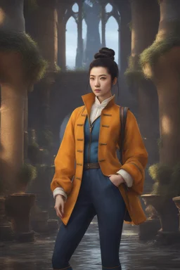 front view, beautiful female, asian, pale skin, dark hair, front shark spike hair, back high bun hairstyle, detailed dark eyes, yellow jacket, orange blouse, wearing backpack, baggy blue pants, fantasy setting, medieval, year 1800, 8k, high detail, intricate, cinematic background, facing viewer