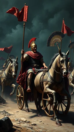 Bosch painting style nightmare , 3D , a roman warrior in side Roman chariot , background, high Quality picture , 8k