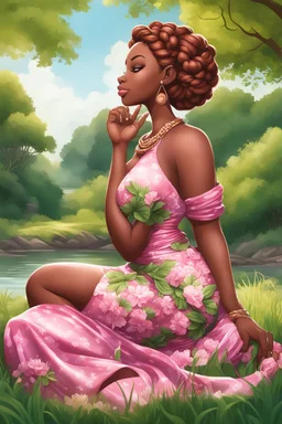 An airbrushed illustration of a curvy black cartoon woman sitting relaxed on a sunny riverbank, lush green grass surrounding her. Facing left in profile, she has flowing chestnut hair styled in an elaborate braided twist. complementing the pink floral maxi dress wrapped snugly around her exaggerated curves. One hand touches her cheek lightly as she looks to the distance, brown eyes enhanced by long lashes and purple eyeshadow. Bold brown lips match the brown flowers on her dress