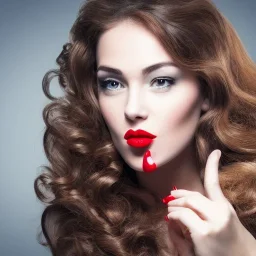 Beautiful portrait female, long brown wavy hair, barrel roll curls, looking down and to the side, full red lips, hand up like blowing a kiss, side profile