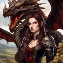 An arrogant looking young woman with pale skin and long brown hair in an outdoor fantasy setting with intricate details with a dragon flying in the far distance of the background. She is smirking, wearing black and read leather, has red eyes, an air of malevolent power surrounds her. gaia online avatar style. High definition.