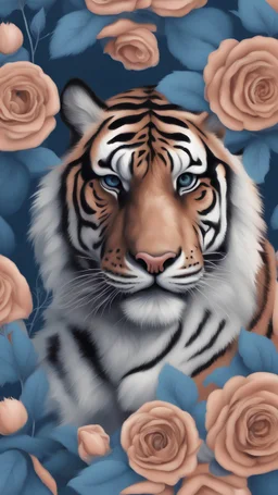 realistic tiger headshot in blue roses