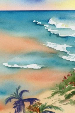 watercolor vintage summer beach scape sand sunshine ocean retro 1920s f