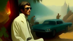 takistan life, scene oil painting. dr arab cover 1970, closeup dnd style. sunglasses. woods mist. smoking weed. lawrence of arabia. car race.