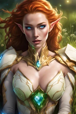 female elf, high cheekbones, white high tech armor, armored jaw, armored throat, glowing blue crystal in the center of the armor, laying on the back at grassfield, single character, red hair, green eyes, photorealistic