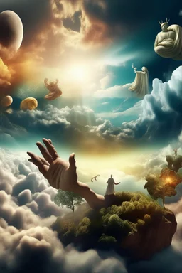 Generate a surrealistic landscape with Gods arm reaching down from a cloud surrounded by the sun and angels floating towards earth