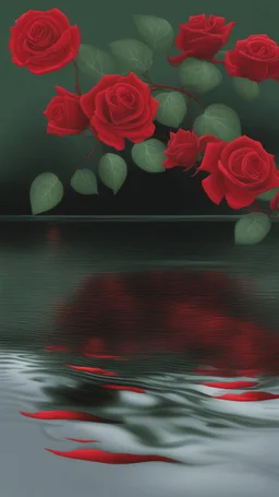 The image is a digital artwork that depicts a branch of tree of Red roses and leaves tangling in to a water in the river with aThe rose floats on the surface of the water, creating a wave-like effect. The background is black, which makes a branch of a tree of red roses stand out even more. Water droplets are scattered adding to the dreamy, ethereal quality of the image.all leaves and background are red