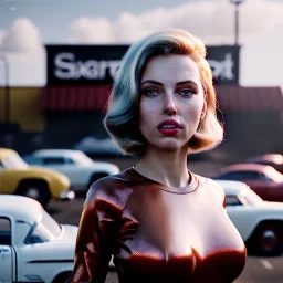 Ultra Realistic retro sci-fi, explosion Supermarket parking scene, 1960 year, blonde mastery woman, sweet scarlet Johansson face, perfect iris, glow eyes, face makeup, tight latex coat; many panic people, Retro sci-fi style, soft color, highly detailed, unreal engine 5, ray tracing, RTX, lumen lighting, ultra detail, volumetric lighting, 3d, finely drawn, high definition, high resolution.