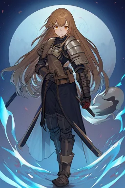 Wagnard Record of Lodoss War, oldschool, insane, ghost in the shell art style, in the art style of Record of Lodoss War, Dark Paladin, standing in front of a sea of red, large moon in the background, Female, light armor, dark ginger long hair, orange eyes