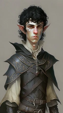 boy elf,he has curly, black hair and sharp cheekbones. His eyes are black. He wears fantasy medieval clothes. he is lean and tall, with pale skin, full body with boots, side view