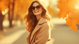 Fashion Portrait of a beautiful smiling young woman in sunglasses over orange background. Autumn, fall woman.