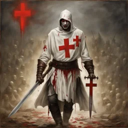 Zombie Charlie Manson as a templar knight with a loose white tunic with the templar red cross leading a holy army, drenched in a red plasma, glowing sword of rightousness, by boris Valejo, by Brett Weston, photorealistic, intricately detailed, dramatic, moody, zombiecore