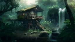 primitiv house by a big water falls in a karstic rain forest