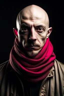 Portrait of a young man, bald, fiercy look, with a long scarf Who cover his mouth and a mask in his eyes