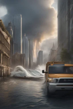 A hyper-realistic, an unexpected tsunami hitting a well modernised and civilised city. , full size ,Photo Real, HOF, full size, practicality,manufacturability,performance, (((realism, realistic, realphoto, photography, portrait, realistic, elegant, charming, , professional photographer, captured with professional DSLR camera, trending on Artstation, 64k, ultra detailed, ultra accurate detailed, bokeh lighting, surrealism, Thomas Kinkade backgroun