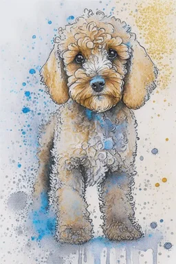 Abstract wet watercolour of a cockapoo, sketchy pencil lines, splashy background, bifurcated circles, detailed,focus on eyes, watercolour paper