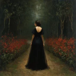 Night, one woman in black dress from behind at left, forest, red flowers, vegetations, creepy, gloomy, gothic dark influence, gustave caillebotte paintings, and konstantin korovin paintings