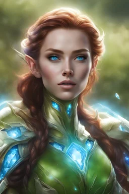 female elf, high cheekbones, white high tech armor, armor on jaw, armor on neck, glowing blue crystal in the center of the armor, laying on the back at grassfield, single character, dark red hair, green eyes, photorealistic, realism, realistic, cybernetic jaw