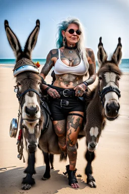 Tatooed fire biker priestess beach with pet donkey