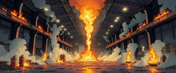 airbrush and pen outline, cartoon with background A cavernous industrial warehouse becomes a fever-dream carnival of fire and smoke, lit exclusively by erratic strobes and the orange glow of unpredictable blazes. The world is drenched in soot, haze, and manic energy — walls drip with condensation, fire extinguishers become absurd props, and every surface reflects the flicker of flames being born and killed in seconds. The visual journey spirals from controlled chaos to full unhinged delirium, w