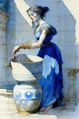 A woman in an ancient Roman dress pours water from an amphora into a pot in a blue and white bathroom, by Jean-Baptiste Monge, watercolour and ink, highly detailed, award winning, crisp quality in sunshine