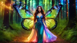 Full body Gorgeous Photography Realistic Natural Beautiful butterfly girl with shiny brown flowing hair, glitter colorful butterfly wings, lovely glowing green eyes, surrounded by magical colorful forest and flickering lights, digital photography, kaleidoscope, vibrant colors, vivid colors, colorful, she walk in magic forest