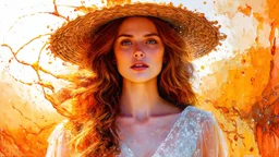 Vintage art, brown and orange shades, sunny day, straw hat for woman, summer dress, splashes of art, in the style of Dante Gabriel Rossetti, Yossi Kotler, Camilla D'Errico, masterpiece, fine art in the style of Carne Griffiths, Paula Hoppe