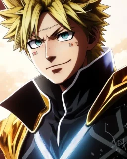 Detailed anime portrait of bakugo from my hero academia, gold hair and golden eyes, black suit, intricate details, full body portrait, keep head in frame, slight smile, black Japanese motif, concept art, highly detailed, digital painting, concept art, sharp focus, illustration, art by Yoji Shinkawa, WLOP and greg rutkowski and alphonse mucha and artgerm and yanjun Chen and Junji ito and Makoto Shinkai, HDR, octane render