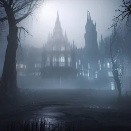 hyper realistic Bloodborne cityscape with dark entity looming in the fog