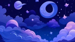 A series of twinkling stars in a purple night sky with clouds and a half-crescent moon, mysterious, in the style of a pastel and anime aesthetic