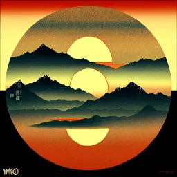 Ukiyo-e styled art, yin and yang sign, mountains and sun