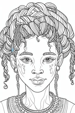 front position african girl face with beautiful hairstyle coloring page