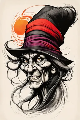 create an ancient malevolent female sorceress with highly detailed and refined facial features, raggedly clothed in the caricature cartoon style of Gerald Scarfe and Ralph Steadman, precisely drawn, boldly inked, vividly colored, 4k