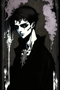 17 year old boy, necromancer, friendly, looks dead, surrounded by weird smoke with eyes, wearing black robes, in the style of Harry Clarke