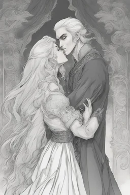 Strahd Von Zarovich being kissed on the mouth by a beautiful woman with white hair, wearing an off the shoulder dress. Settling and background are a lavish toomb with an ebony coffin.