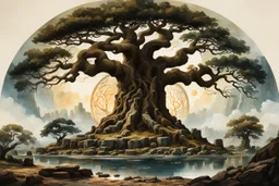 museum quality oil with watercolor underpainting of Yggdrasil, the world tree towering over a circle of ancient Druidic standing stones , in the style of Karl Bodmer, and Winslow Homer, rendered as an aquatint, with a fine art aesthetic, highly detailed , 8k UHD cinegraphic realism, dramatic natural lighting