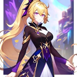 Clear focus, 8k, beautiful lighting, vibrant colors, girl, golden hair, long hair, vibrant purple eyes, ponytail, messy hair, hair in between the eyes, Honkai Impact 3 outfit,