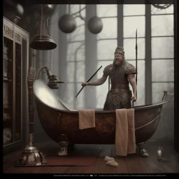 A viking and his wive having a bath, scary, steam punk, realistic, made in octane, cinematic, ultra-realistic, extremely detailed octane rendering, 8K, VRAY Super Real ar 2:3, dof photorealistic futuristic 50mm lens hard lighting dark gray tintype photograph, realistic lighting, sepia color